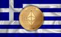 Greece flag ethereum gold coin on flag background. The concept of blockchain bitcoin currency decentralization in the country.