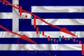 Greece flag, the fall of the currency against the background of the flag and stock price fluctuations. Crisis concept with falling Royalty Free Stock Photo