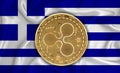 Greece flag, ripple gold coin on flag background. The concept of blockchain, bitcoin, currency decentralization in the country. 3d