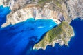 Greece iconic vacation picture. Aerial drone view of the famous Shipwreck Navagio Beach on Zakynthos island, Greece
