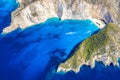 Greece iconic vacation picture. Aerial drone view of the famous Shipwreck Navagio Beach on Zakynthos island, Greece