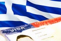 Greece immigration document close up. Passport visa on Greece flag. Greece visitor visa in passport,3D rendering. Greece multi