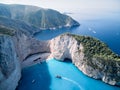 Greece ionian island Zakynthos. Navagio beach bay and cliffs aerial landscape Royalty Free Stock Photo