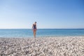 Greece 25 July 2019 : incredibly beautiful girl models in a bikini on the sea shore of a greece