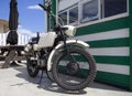 Greece, June 2020: a Retro motorcycle stands at the entrance to the American-style Diner 72 biker bar in Greece