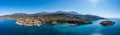 Greece, Kardamili town, Mani aerial panorama. Stone building and nature. Blue sky and sea