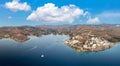 Greece, Kea Tzia island. Vourkari marina and Gialiskari village aerial drone view