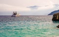 Greece, Kefalonia, 15 August 2021: Yacht in the Ionian Sea near the coast of Kefalonia