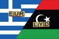 Greece and Libya currencies codes on national flags background