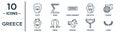 greece linear icon set. includes thin line plato, greek ornament, chariot, omega, caduceus, laurel, poseidon icons for report,