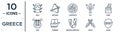 greece linear icon set. includes thin line zeus, labyrinth, robe, trireme, xifos, aspis, lyre icons for report, presentation,