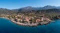 Greece, Kardamili town, Mani aerial view. Stone building and nature. Blue sky and sea