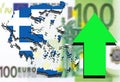 Greece map on Euro money background and green arrow rising