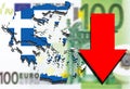 Greece map on Euro money background and red arrow down