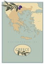 Greece map with olives, branches and olive leaves. Retro style.