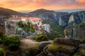 Greece, Meteora Monasteries. Panoramic view of the Holy Monastery of Varlaam, located on the edge of a high cliff. Beautiful Royalty Free Stock Photo