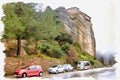 Greece. Meteora. Monastery on a rock. Road. Imitation of a picture. Oil paint. Illustration Royalty Free Stock Photo