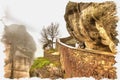 Greece. Meteora. Monastery on a rock. Road. Imitation of a picture. Oil paint. Illustration Royalty Free Stock Photo