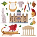 Greece Object and Traditional Cultural Symbol with Trireme and Cathedral Vector Set