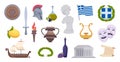 Greece objects. Traditional ancient old greek landmarks and symbols authentic flag wine ship olive pictures exact vector Royalty Free Stock Photo