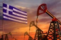 Greece oil industry concept. Industrial illustration - Greece flag and oil wells with the red and blue sunset or sunrise sky Royalty Free Stock Photo