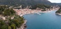 Greece Parga Epirus. Aerial drone view of coastal Ionian city traditional building nature background Royalty Free Stock Photo