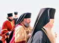 Greece, Patmos island, orthodox priests perform religious ceremony at Hora town Royalty Free Stock Photo