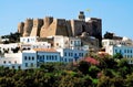 Greece, Patmos island, view of Hora town with the monastery of St. John the Theologian in the background