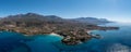 Greece Peloponnese. Stoupa seaside village and beach, aerial panorama view. Mani, Messenia