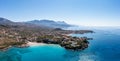 Greece Peloponnese. Stoupa seaside village and sandy beach, aerial view. Mani, Messenia