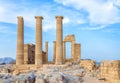 Greece. Rhodes. Acropolis of Lindos. Doric columns of the ancient Temple of Athena Lindia the IV century BC Royalty Free Stock Photo