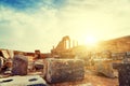 Greece. Rhodes. Acropolis of Lindos. Doric columns the ancient Temple Athena Lindia the IV century BC and the bay St Royalty Free Stock Photo