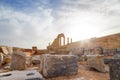 Greece. Rhodes. Acropolis of Lindos. Doric columns the ancient Temple Athena Lindia the IV century BC and the bay St Royalty Free Stock Photo