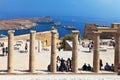 ÃÂ¡olonnade of Grand Hellenistic Portico of the ancient Acropolis of Lindos old town on Greek Rhodes Island Royalty Free Stock Photo