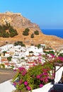 Greece. Rhodes Island. View of the old town of Lindos and the ancient Acropolis on a rock Royalty Free Stock Photo