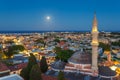 Greece, Rhodes - July 12 Panorama of the Old Town and the Mosque of Suleyman evening with the moon on July 12, 2014 in Rhodes,