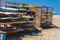 Greece, Rhodes - July 17 Windsurfing boards on the beach Prasonisi on July 17, 2014 in Rhodes, Greece