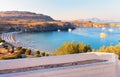 Greece. Rhodes. View from the old town of Lindos to the sea bay with a city beach at sunset