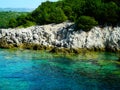 Greece rocky coasline, green, blue, turqouise, aquamarine water, mediterranean sea.