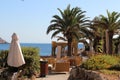 Greece, Rodos, palms, background. Sea view. Royalty Free Stock Photo