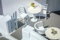 Greece, Santorini island, Oia. Conceptual white architecture, top view. Tables and chairs. Abstract background. Greek Islands, Royalty Free Stock Photo