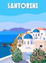 Greece Santorini Poster Travel, Greek white buildings with blue roofs, church, poster, old Mediterranean European Royalty Free Stock Photo