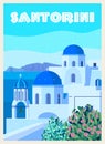 Greece Santorini Poster Travel, Greek white buildings with blue roofs, church, poster, old Mediterranean European Royalty Free Stock Photo