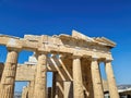 Greece, scenic view of Propilei entrance of Acropolis of Athens under dramatic sky