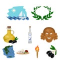 Greece set icons in cartoon style.