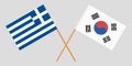 Greece and South Korea. Crossed Greek and Korean flags. Official colors. Correct proportion. Vector