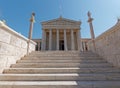 Greece, stairs to the academy of Athens main building with Athena and Apollo statues