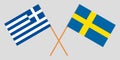 Greece and Sweden. Crossed Greek and Swedish flags. Official colors. Correct proportion. Vector