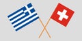 Greece and Switzerland. Crossed Greek and Swiss flags. Official colors. Correct proportion. Vector