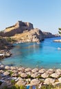 Famous sandy beach at St. Pauls Bay in Lindos town at Greek Rhodes Island